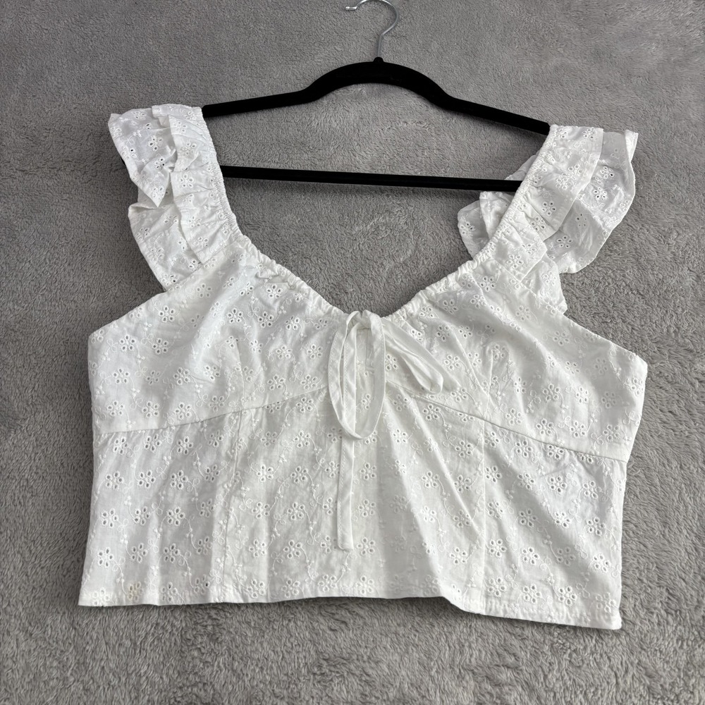 Beige Botany Cropped Eyelet‎ Ruffle Hem Babydoll Top Womens L Coquette Milkmaid